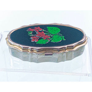 Vintage Oval Pill Box with Velveteen Floral Motif Lid